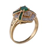 An emerald and diamond ring, the central oval cut emerald within a surround of eight cut diamonds