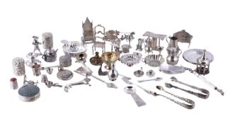 A collection of silver, silver coloured, electro-plated and white alloy miniatures, toys and other