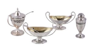 Four George III silver cruet items, comprising: a pierced circular pedestal mustard pot by William