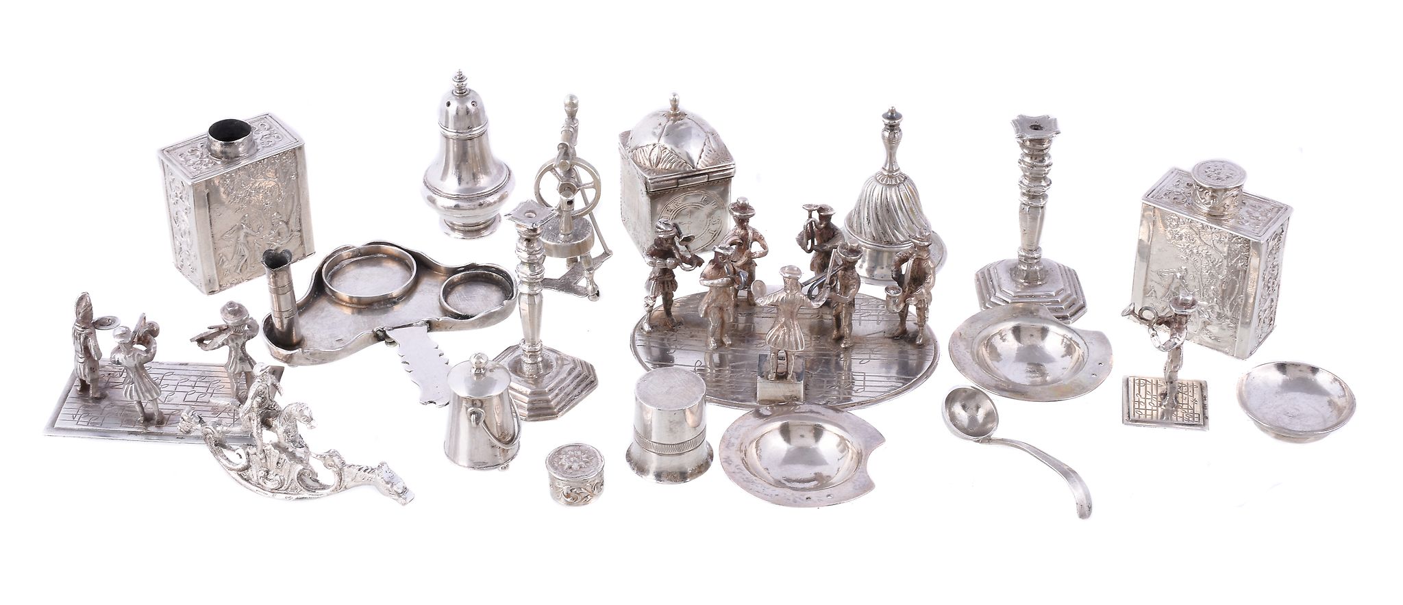 A collection of Dutch silver miniatures or toys, including: a group of musicians on an oval base,