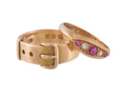 An 18 carat gold buckle ring, stamped 18 with full London hallmarks, finger size N 1/2; a ruby and