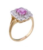 A pink sapphire and diamond ring, the central rectangular cut pink sapphire, claw set within a