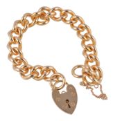 A gold coloured bracelet, the polished curb link bracelet to a padlock clasp, stamped 375 with full
