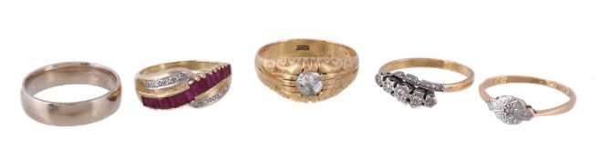 A small collection of rings, comprising a ruby and diamond point ring, stamped 14k, finger size N;