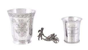 Three items of Continental silver, comprising: an 18th century French beaker, six hallmarks, of