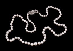 A cultured pearl necklace, the single strand of graduating cultured pearls, to the clasp set with