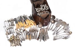 A collection of silver handled pistol grip knives in a George III mahogany and inlaid knife box,