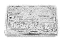 A Russian silver and niello rectangular snuff box by Ivan Kaltikov, Moscow 1836, 84 zolotniki,