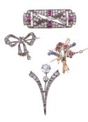 An Art Deco synthetic ruby and white sapphire brooch, circa 1930, the rectangular panel set with