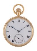 An 18 carat gold keyless wind open face pocket watch, no. 258, hallmarked Birmingham 1904, three