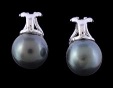 A pair of Tahitian cultured pearl and diamond earrings, the 1.2cm Tahitian cultured pearls below a