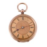 A 9 carat gold open face fob watch, no. 104499, cylinder movement, three armed domed balance, flat