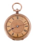 A 9 carat gold open face fob watch, no. 104499, cylinder movement, three armed domed balance, flat