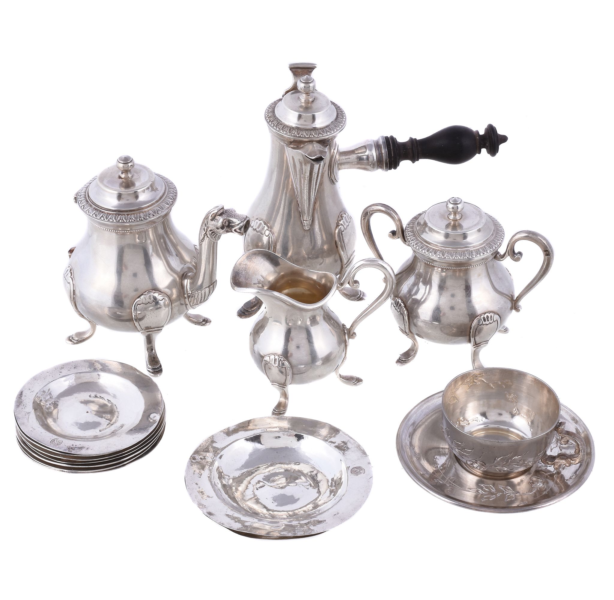 A collection of French silver miniatures or toys, comprising: a baluster four piece tea and coffee