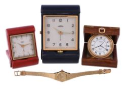 Asprey, a gilt metal travel alarm clock, quartz alarm movement, white dial, Roman numerals, Breguet