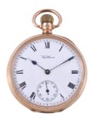 Waltham, a 9 carat gold keyless wind open face pocket watch, no. 66040, hallmarked Birmingham 1914,