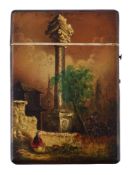 Ω A Victorian painted papier mache rectangular card case, gilt and polychrome painted with a figure