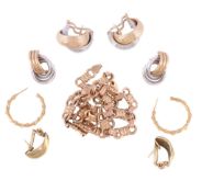 A small collection of gold coloured jewellery, to include a pair of two colour earrings stamped