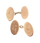 A pair of 18 carat gold double sided cufflinks, the oval panels engraved with a crest and a