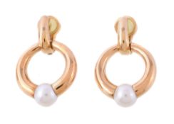 Cartier, Perla, a pair of cultured pearl earrings, the hoops with a cultured pearl accent, to a