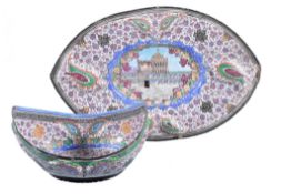 A Persian enamelled copper bowl and tray , late 19th or early 20th century, profusely painted with