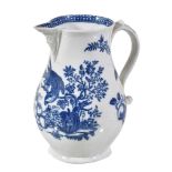 A Worcester blue and white porcelain baluster jug, circa 1780, printed with the 'Parrot pecking