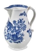 A Worcester blue and white porcelain baluster jug, circa 1780, printed with the 'Parrot pecking