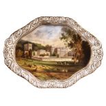 A Copeland shaped oval tray painted with a titles view of Chatsworth House Derbyshire, mid 19th