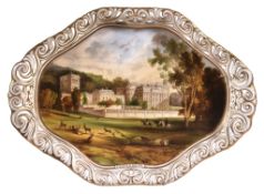 A Copeland shaped oval tray painted with a titles view of Chatsworth House Derbyshire, mid 19th