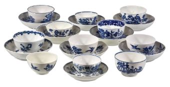 An assortment of mostly Worcester blue and white printed porcelain tea bowls and saucers, circa