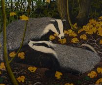 δ Anthony Veale (British 20th century) - Badgers emerge Oil on canvas Signed and dated 77 lower