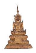 A Thai gilt-lacquered bronze Buddha , Rattanakosin period, 19th Century, seated in dhyanasana on a