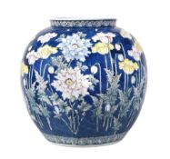 A Japanese porcelain vase, the ovoid body painted with painted with poppies in yellow, pink and