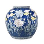 A Japanese porcelain vase, the ovoid body painted with painted with poppies in yellow, pink and