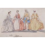 Caroline Vernon (British fl. 1829-1868) - AD 1744 - A study of 18th century dress Watercolour 27 x