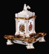 A Dresden porcelain French gilt-metal mounted inkwell, late 19th century, decorated in the Meissen