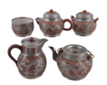 A Chinese pottery pewter mounted tea set , with impressed marks, 1920s (5) Provenance: Mr. Ko who