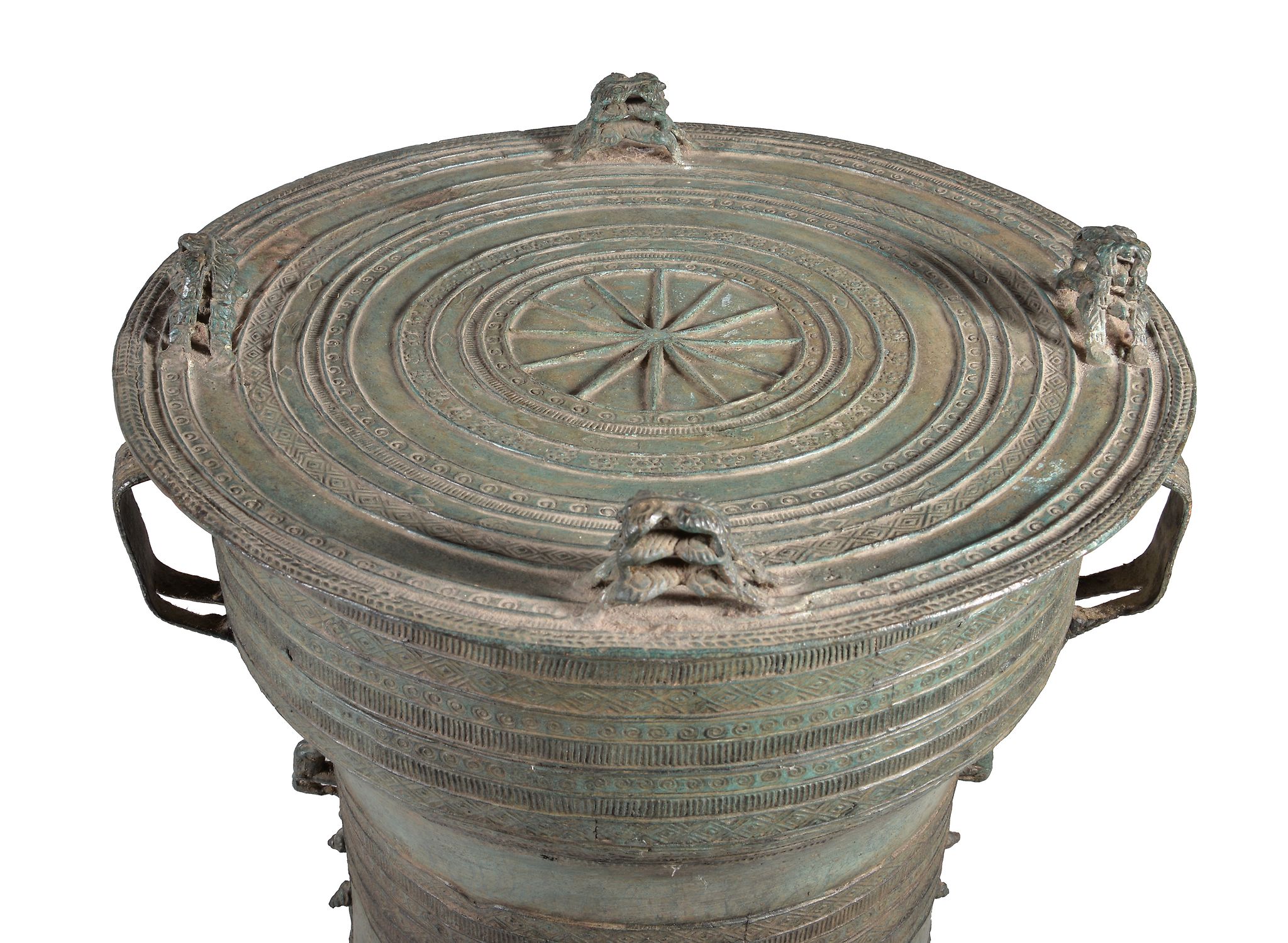 Two Burmese cast bronze 'rain drums', each of waisted cylindrical form with overlapping top and - Image 2 of 2