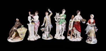 A group of six Continental porcelain figures, various dates, mostly 20th century, including a