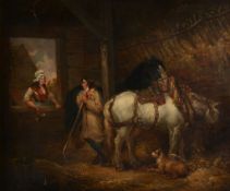 George Morland Stable scene with horse and two figures conversing Oil on... George Morland (