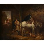 George Morland Stable scene with horse and two figures conversing Oil on... George Morland (