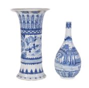 A Chinese blue and white bottle vase, Qing Dynasty, late 19th century, painted with a pavilion, the