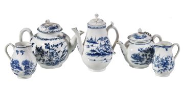 A selection of mostly Worcester blue and white printed and painted porcelains, circa 1780,