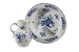 A Worcester blue and white porcelain cabbage-leaf-moulded mask jug, circa 1780, printed with the '