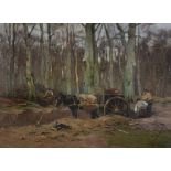 Johan Frederik Cornelis Scherrewitz Horse and cart in a wood with men at... Johan Frederik