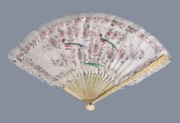 Ω A Chinese ivory and feather fan, Canton, circa 1820-40, the feathers painted with birds and