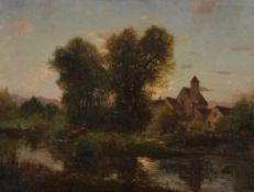 Attributed to Charles-François Daubigny River landscape with figure Oil on... Attributed to