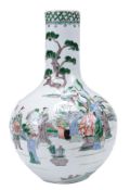 A Chinese famille verte bottle vase, the globular body rising to a cylindrical neck, the whole