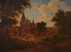 Dutch School (18th century) - Figures gathering outside a country church Oil on canvas 40.5 x 54.5cm