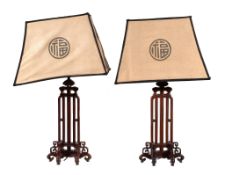 A pair of Chinese hardwood 'Fortune' Lamps, the wood bases approximately 38cm high, the overall